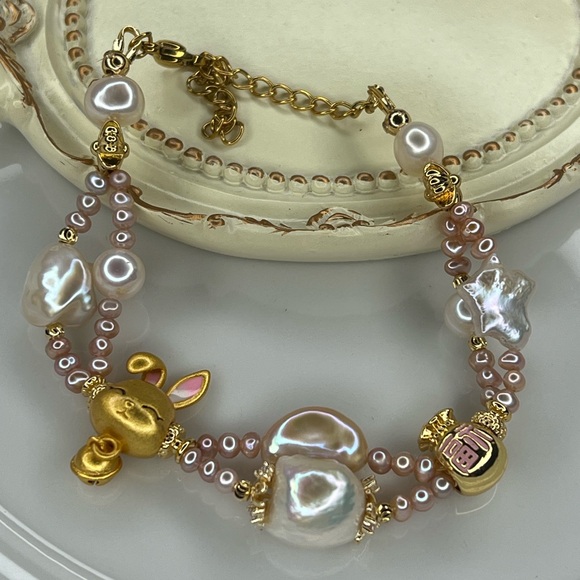 Jewelry - Handcrafted High Quality Freshwater Double Braided Pink White Pearls Bracelet 🐇